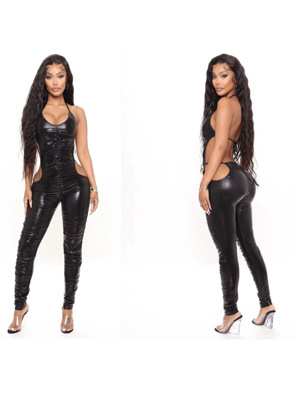 Fashion Nova black Slithery Seduction Jumpsuit cut-out snake embossed leotard M